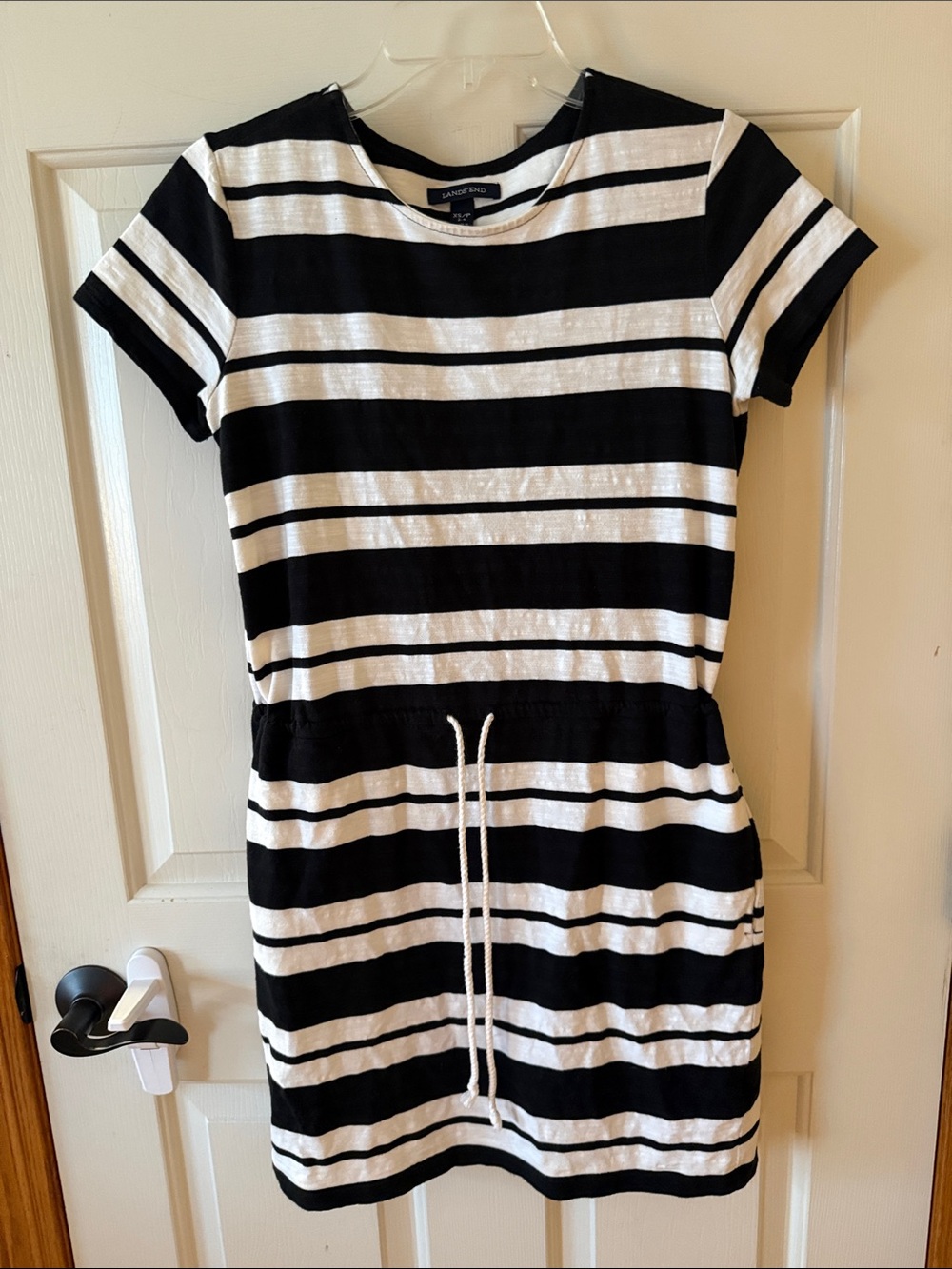 Lands' End Black and White Striped Short-Sleeve Drawstring Mini Dress
